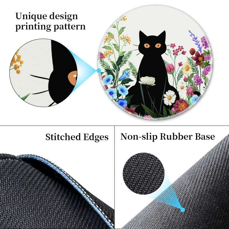 Hancynir Black Cat Floral Mouse Pad for Desk, Small Cute Mousepad with Non-Slip Base, Round Mouse Pads for Wireless Mouse Laptop Gaming, Computer Mouse Mat for Office Decor Desk Accessories Supplies - Image 4